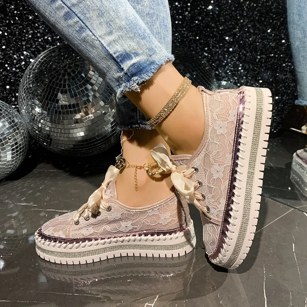 Lace Mesh Rhinestone Platform Sneakers Satin Ribbon Laces Retro Y2K Bling Shoes